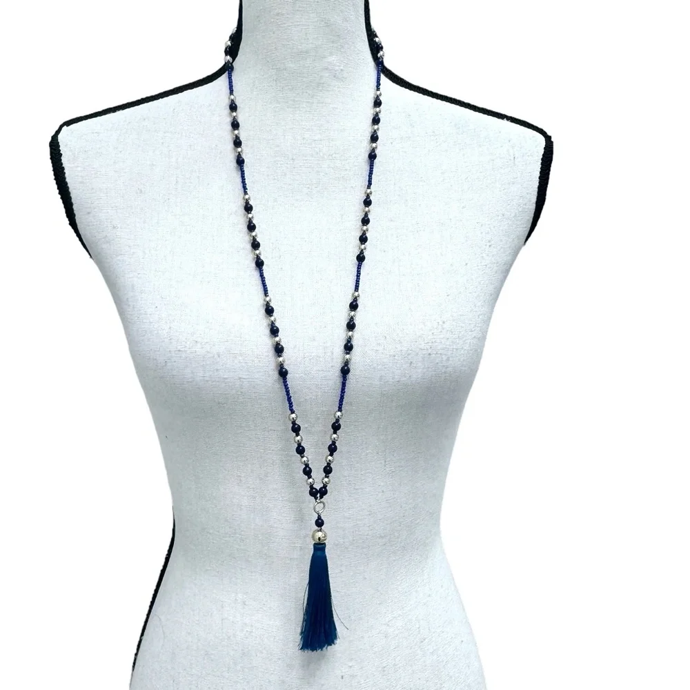 J. CREW BLUE AND GOLD BEADED NECKLACE WITH BLUE TASSEL - NWOT